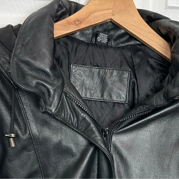 Vintage Jacqueline Ferrar M black leather utility style jacket coat hood Matrix - Picture 8 of 8